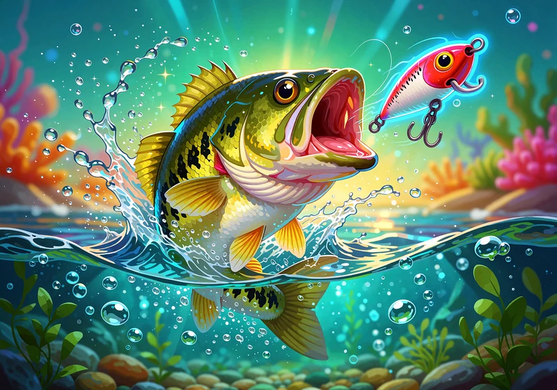 Gr&oslash;n bass hopper efter et r&oslash;dt fl&aring;d over turkis vand - slotten Big Bass Splash blandt popul&aelig;re slots hos V.Vegas