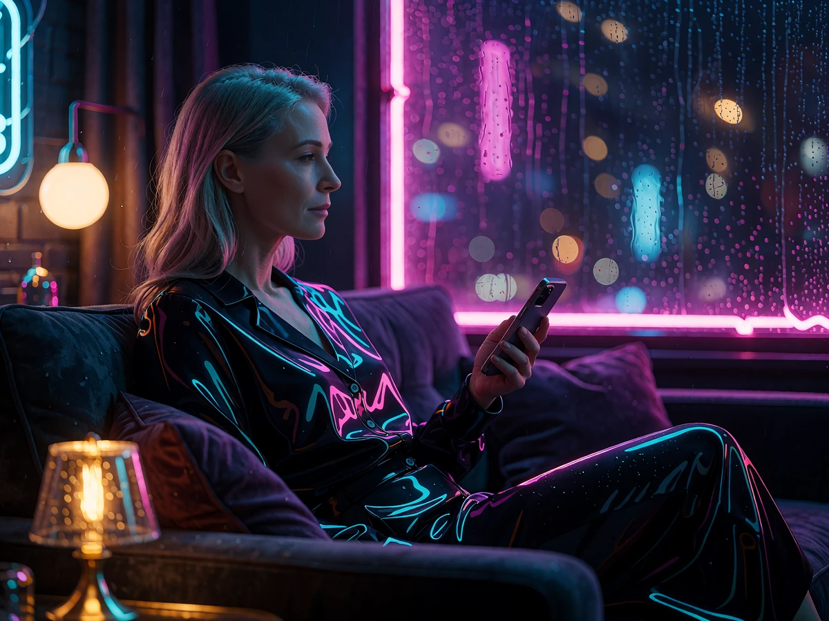 Voksen sidder roligt i en m&oslash;rk velourssofa om aftenen med en telefon i h&aring;nden og kigger ud ad vinduet - ansvarligt spil hos V.Vegas Casino