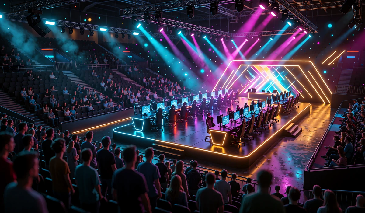 M&oslash;rk esport-arena med oplyst scene, tomme gamingstole og krydsende cyan og magenta lysstr&aring;ler - eSports i sportsbooken