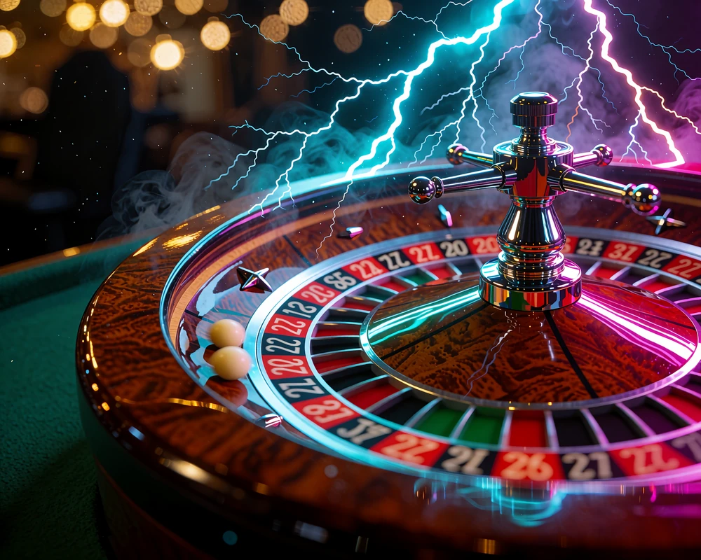 Roulettehjul i tr&aelig; og krom med en lille hvid kugle og bl&aring; lyn over - Lightning Roulette i live casino hos V.Vegas