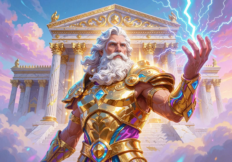 Zeus med hvidt sk&aelig;g og gylden rustning foran et marmortempel - slotten Gates of Olympus hos V.Vegas Casino