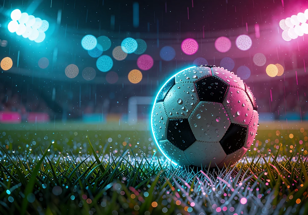 Fodbold p&aring; v&aring;dt gr&aelig;s om natten med cyan og magenta bokeh fra stadionlys - sportsbonus hos V.Vegas Casino