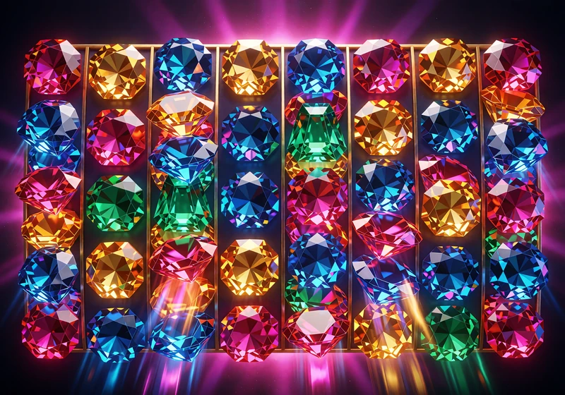 Seks kolonner med skinnende &aelig;delsten i rubin, safir og smaragd, der falder nedad - Megaways-slots hos V.Vegas Casino