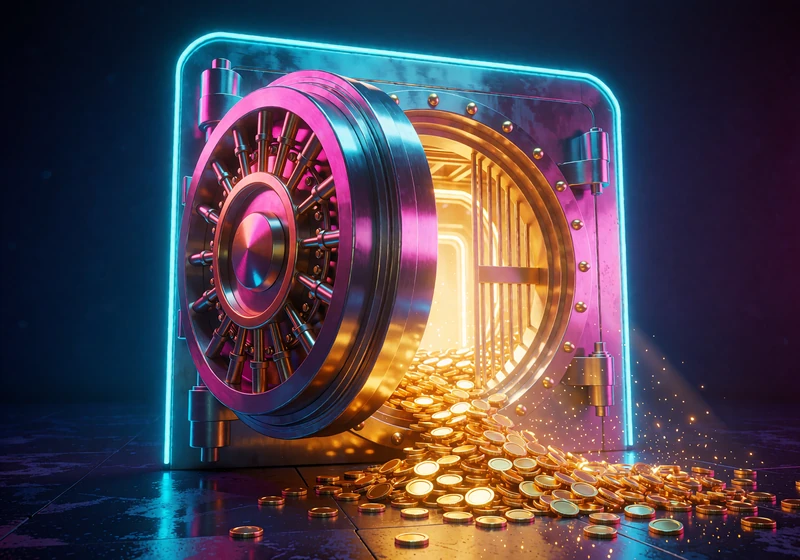 Halv&aring;ben pengeskabsd&oslash;r med guldm&oslash;nter, der v&aelig;lter ud over et m&oslash;rkt gulv - jackpots og drops & wins blandt online slots