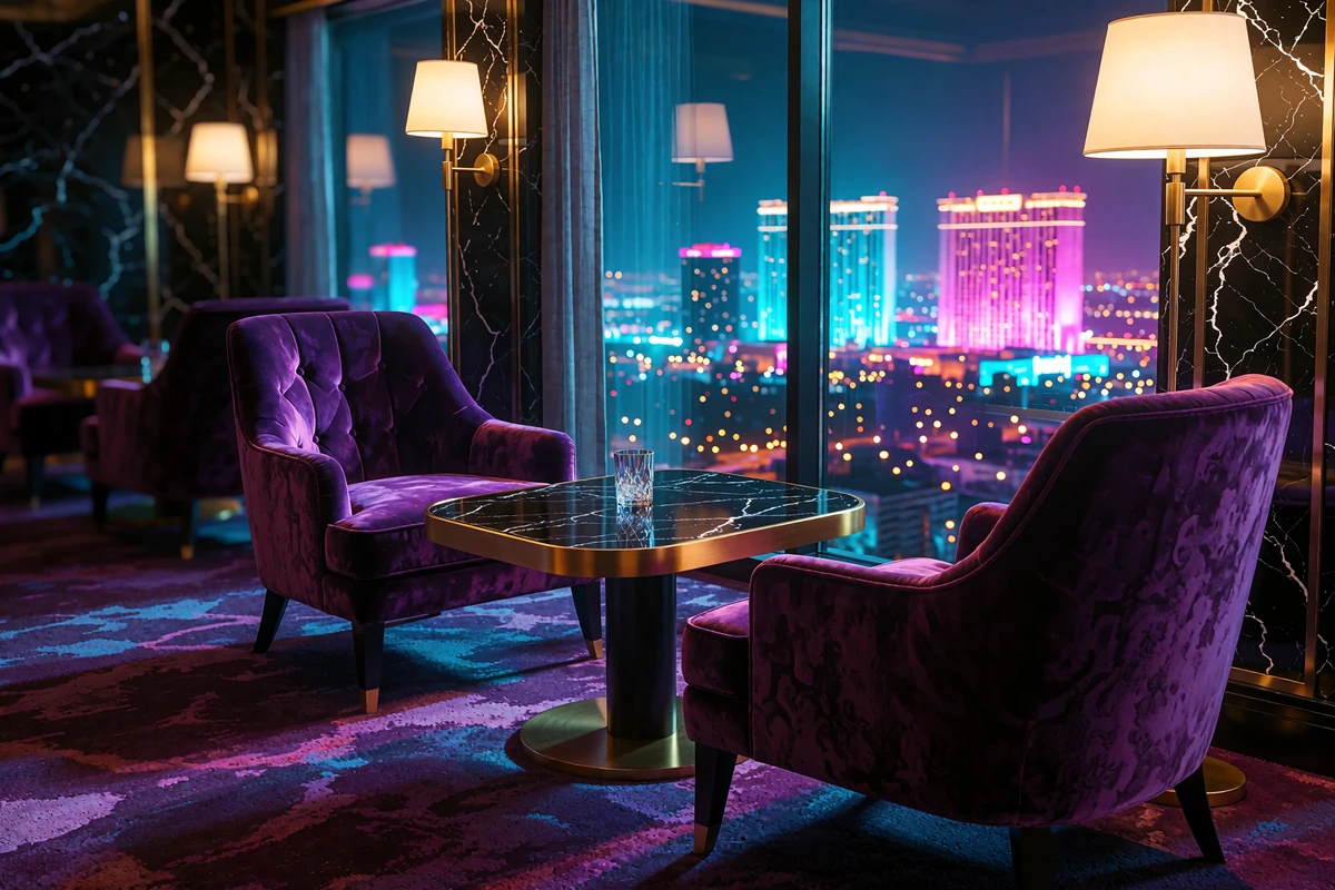 Tom privat lounge om natten med violette fl&oslash;jlsl&aelig;nestole og sort marmorbord med guld - V.Vegas Casinos VIP-klub kun p&aring; invitation