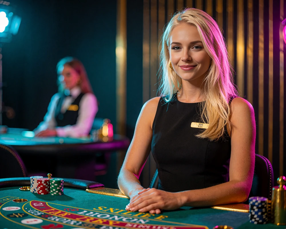 Smilende live dealer ved et gr&oslash;nt blackjackbord i et d&aelig;mpet studie - live casino med rigtige dealere hos V.Vegas Casino