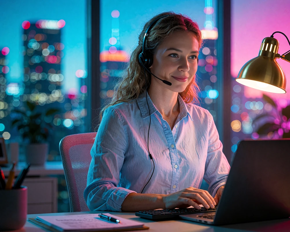 Smilende supportmedarbejder med headset ved et skrivebord om natten foran en neonoplyst by - live chat hos V.Vegas Casino