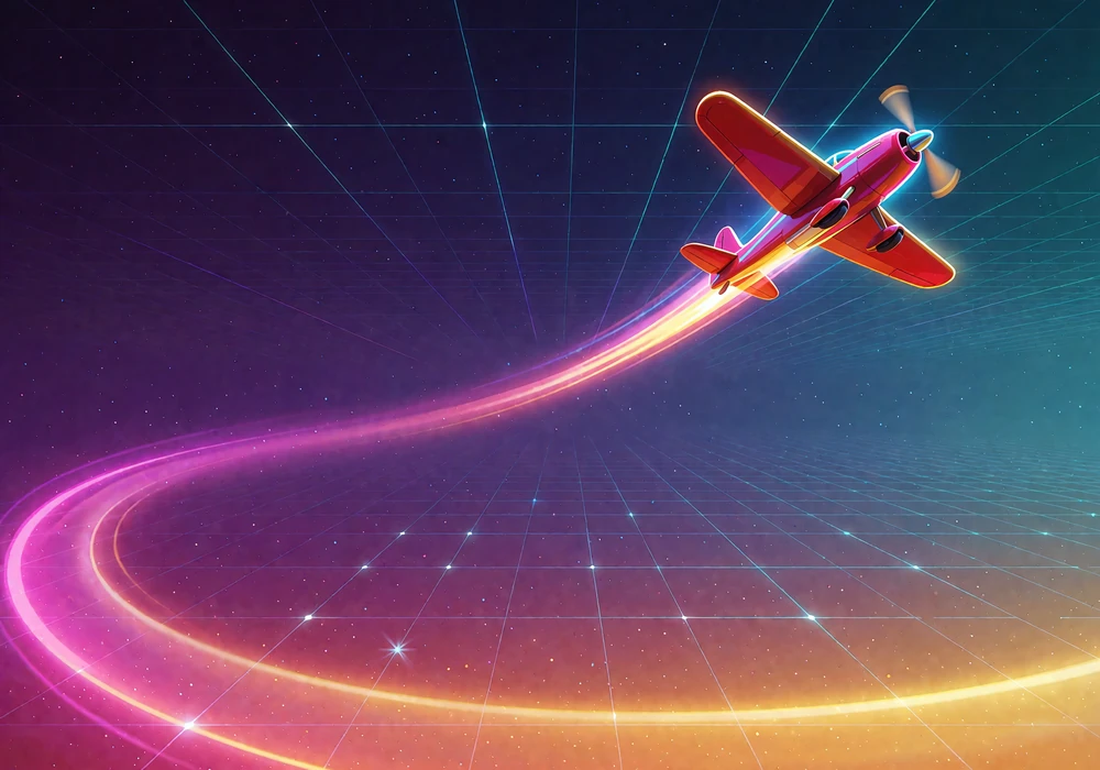 Lille r&oslash;dt propelfly stiger op langs en gl&oslash;dende kurve i magenta og guld - crash spil som Aviator hos V.Vegas